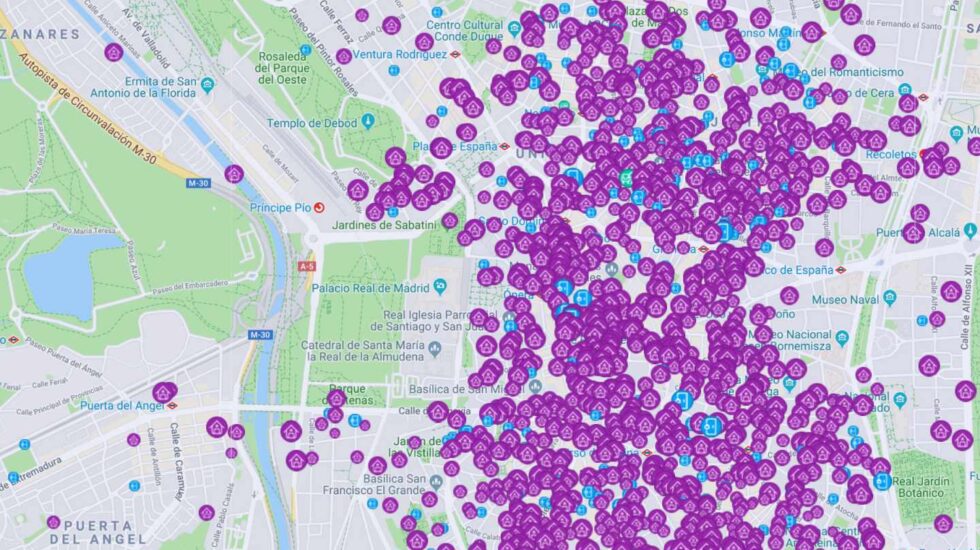 Alojamientos turísticos comercializados en Airbnb en el centro de Madrid.