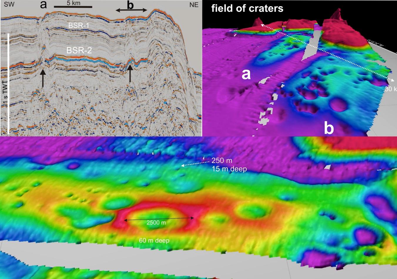 Vista de cráteres submarinos en la Antártida de más de 2 km diámetro y 60 metros de profundidad descubiertos en anteriores expediciones.