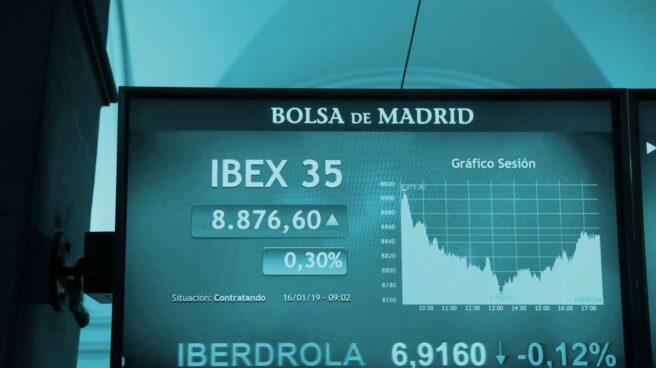 Pantallas de cotización de la Bolsa de Madrid.