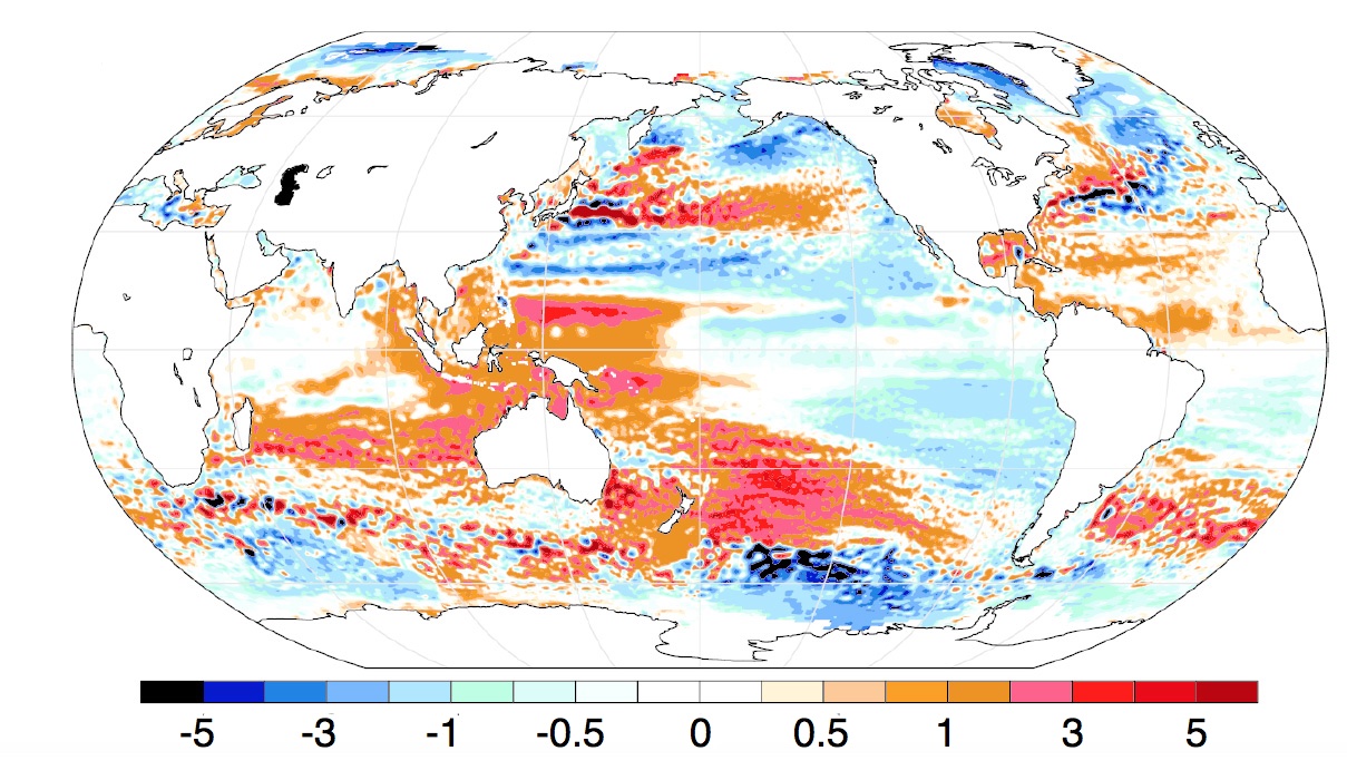 Aumentos (en mm, en rojo) en el nivel del mar desde 1993 hasta 2018