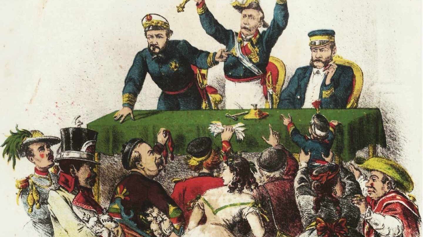 Caricatura que representa al general Francisco Serrano (en el centro), junto al almirante Juan Bautista Topete (izqda.) y el general Juan Prim (dcha.), subastando la Corona de España ante representantes de las principales monarquías europeas.