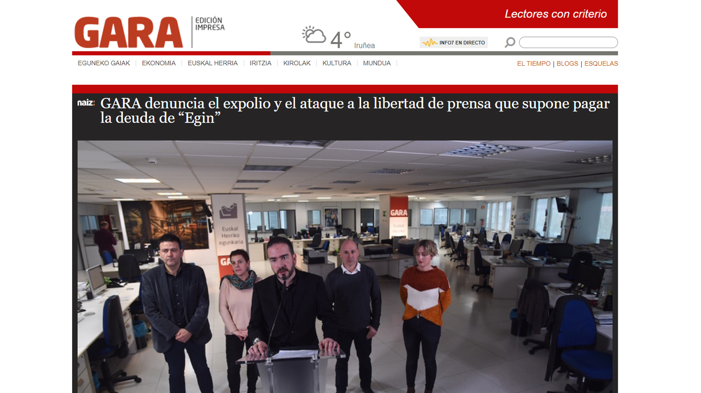 La Seguridad Social pacta con el diario 'Gara' el pago de la deuda histórica de 'Egin'