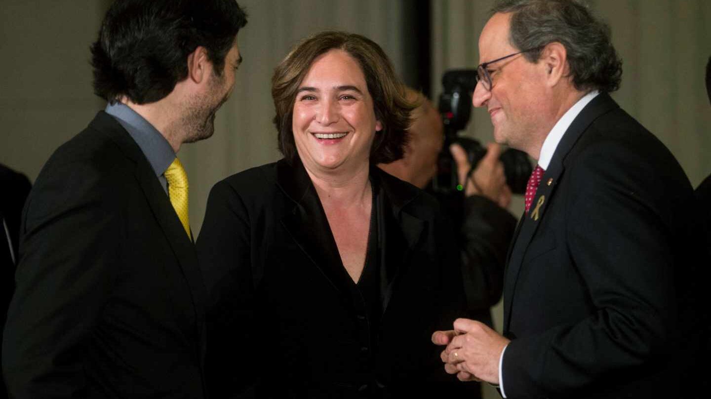 Jordi Puigneró , Ada Colau y Quim Torra, en la cena del Mobile.