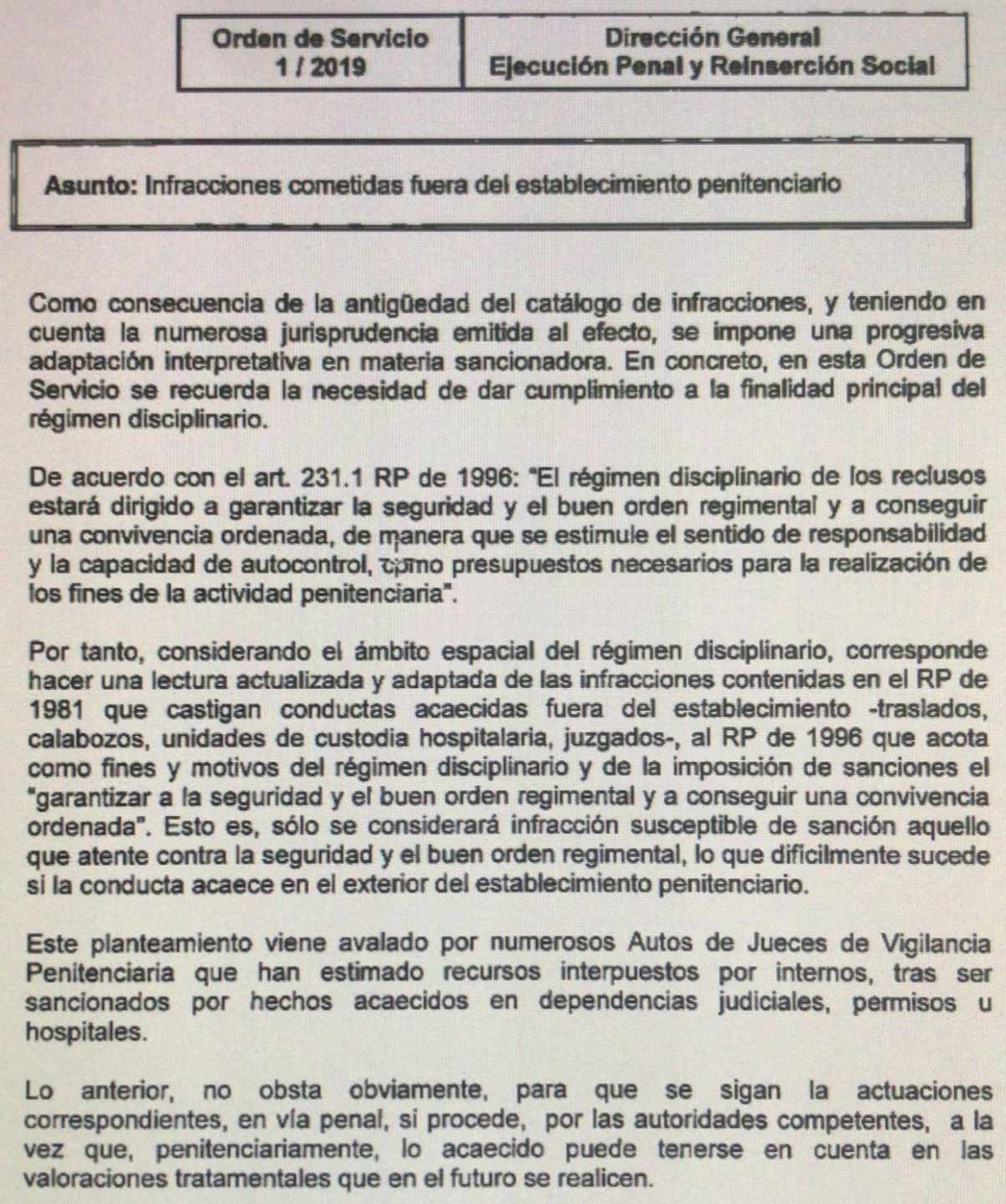 Nueva orden de servicio relativa a infracciones fuera de los establecimientos penitenciarios.