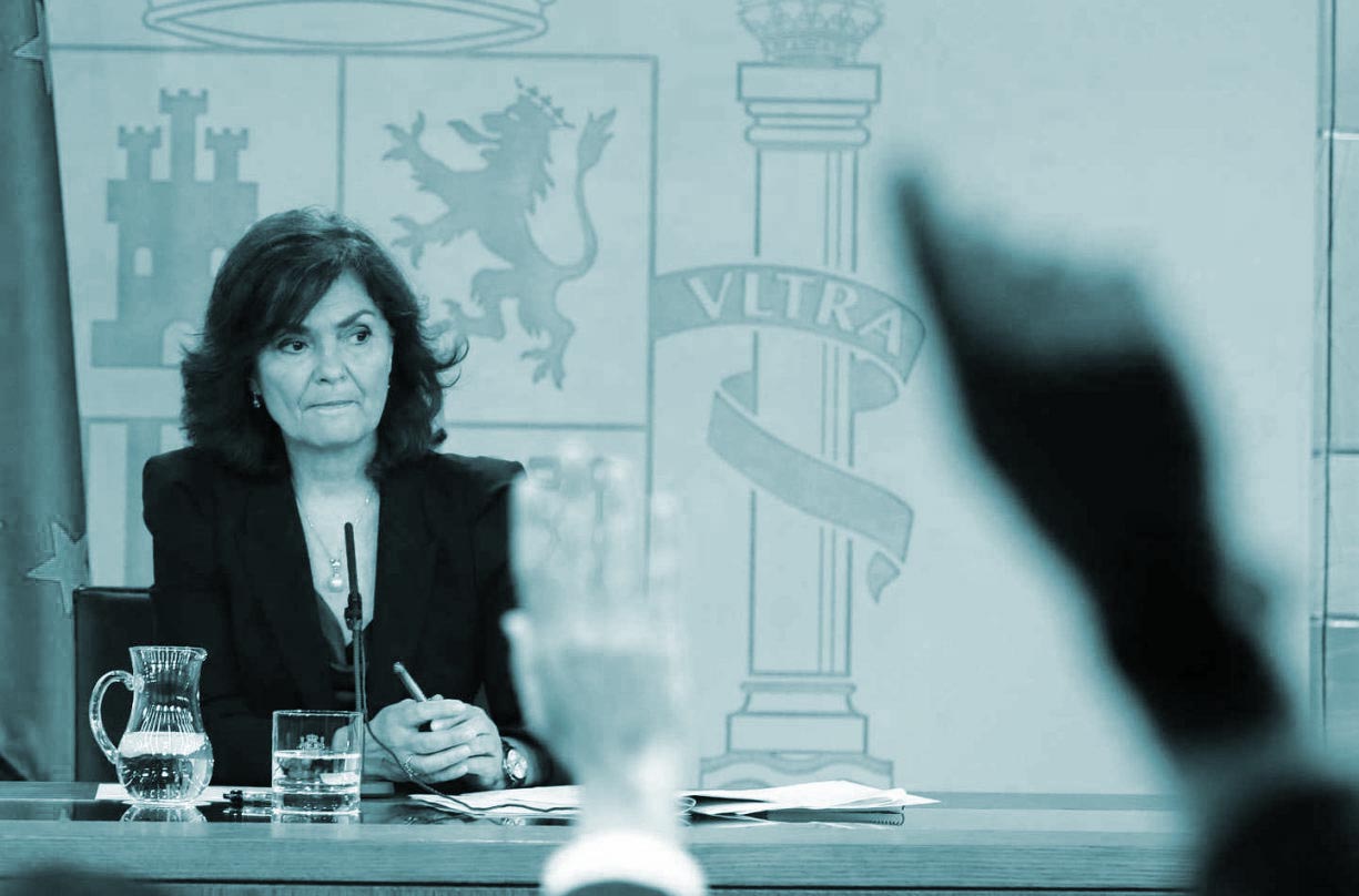 La vicepresidenta del Gobierno, Carmen Calvo, en la comparecencia posterior al Consejo de Ministros.