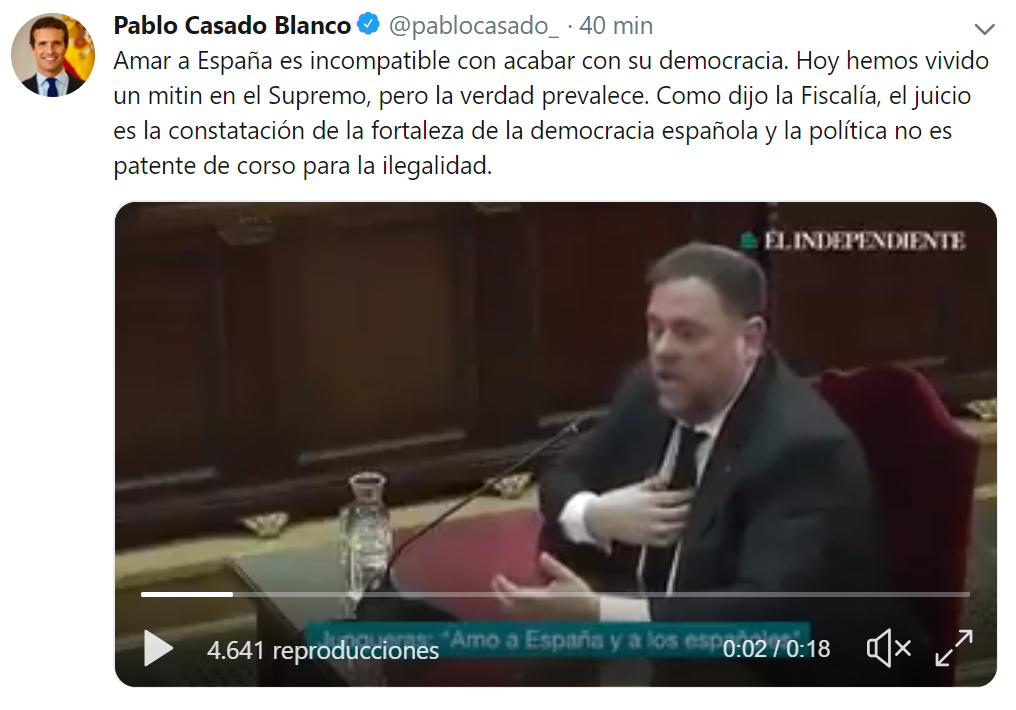 Tuit de Casado sobre la declaración de Junqueras.