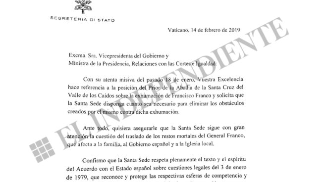 Carta enviada por el cardenal Parolin a Carmen Calvo el pasado 14 de febrero.