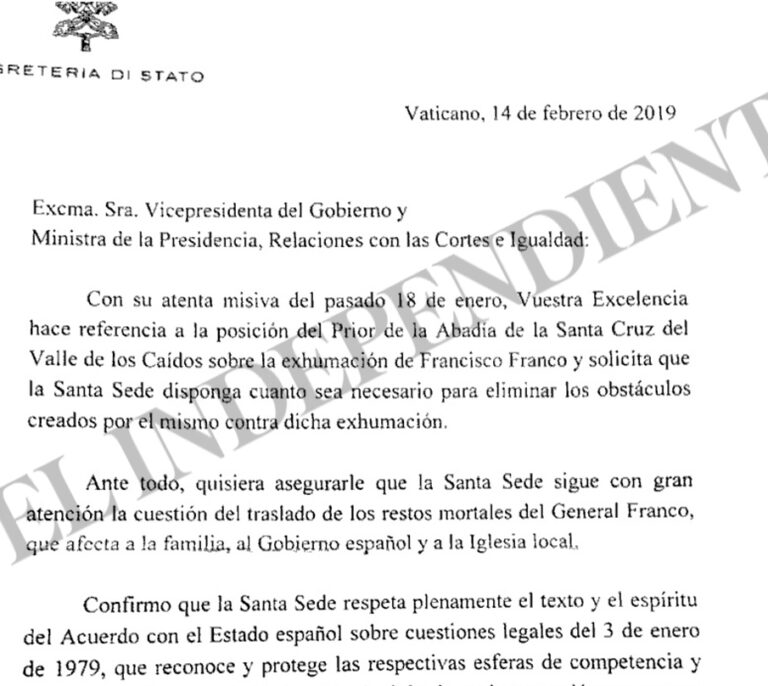 La carta del Vaticano revela que el Gobierno manipula su postura sobre la exhumación de Franco
