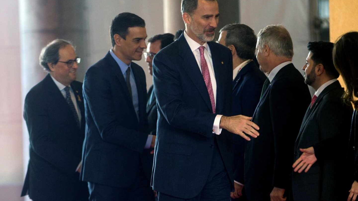 Felipe VI, Pedro Sánchez y Quim Torra, durante la inauguración del Mobile World Congress.