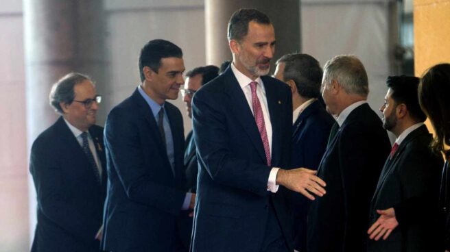 Felipe VI, Pedro Sánchez y Quim Torra, durante la inauguración del Mobile World Congress.