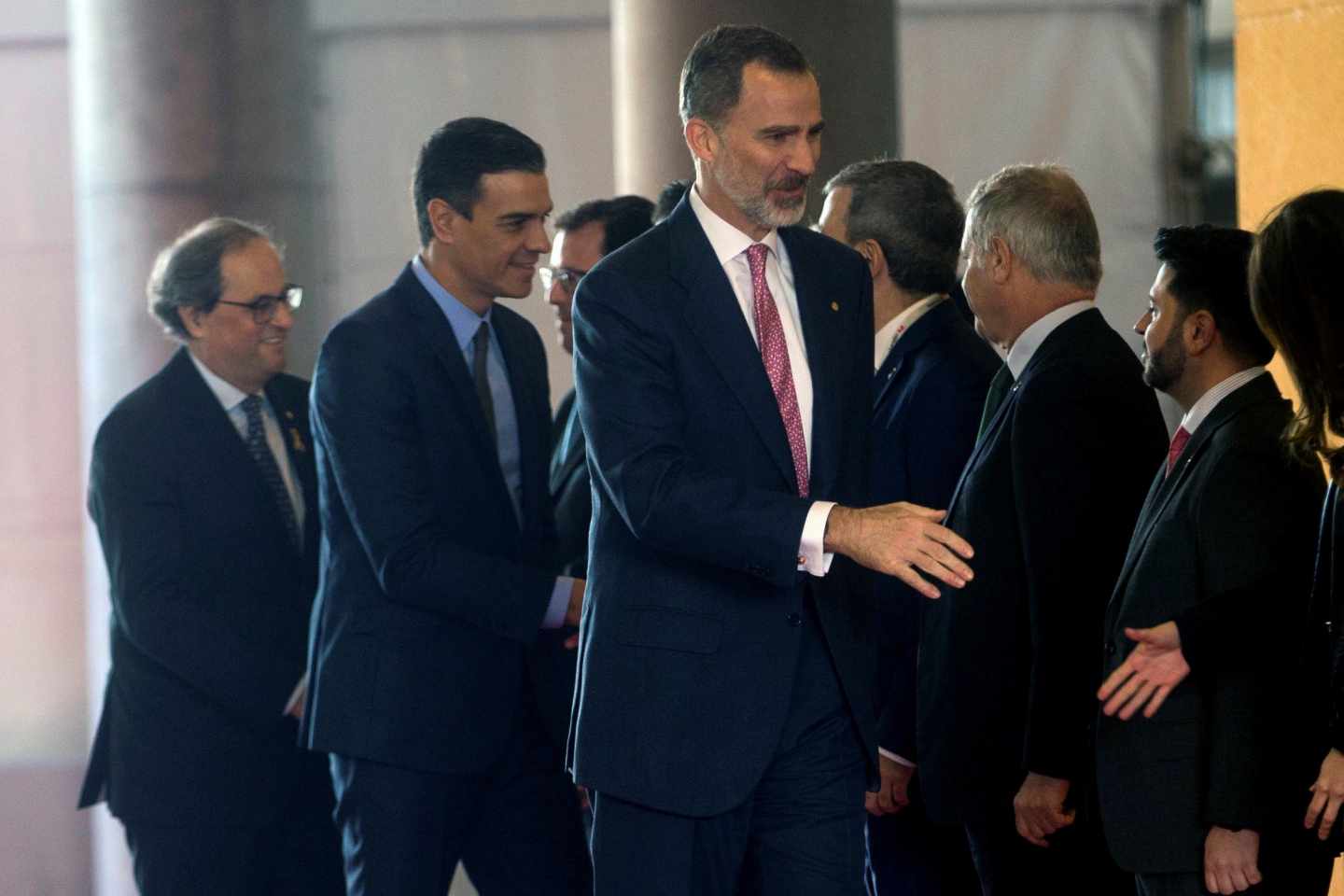 Felipe VI, Pedro Sánchez y Quim Torra, durante la inauguración del Mobile World Congress.