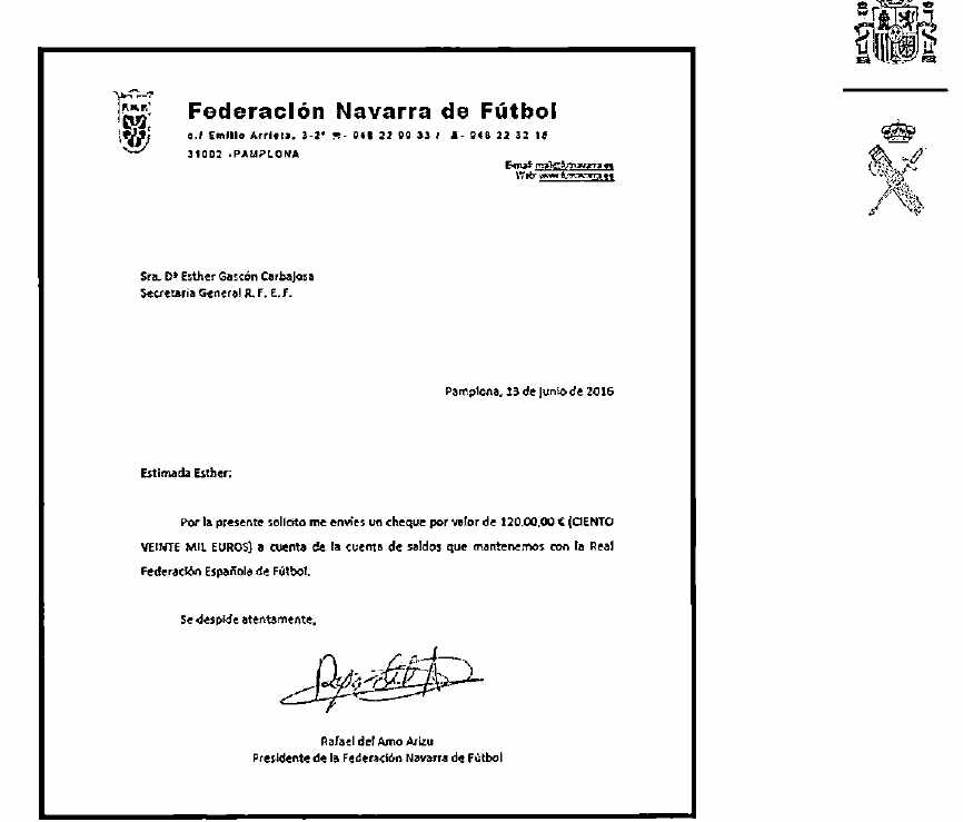 Carta enviada por el presidente Del Amo a la entonces secretaria general de la RFEF en junio de 2016.