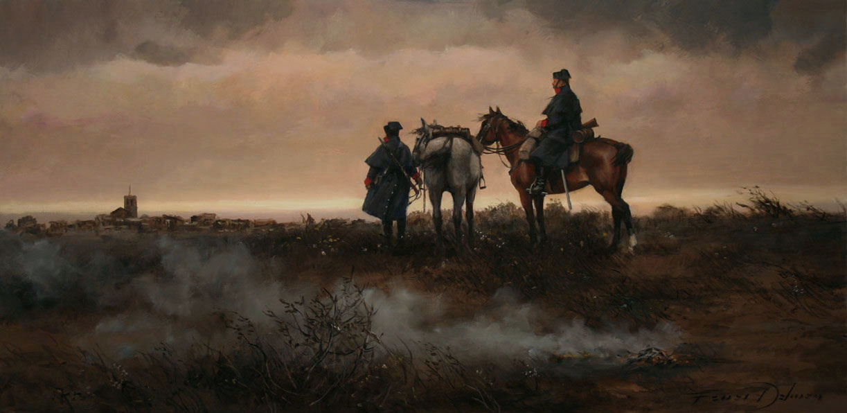 Patrulla a caballo de la Guardia Civil en 1900, en una pintura de Augusto Ferrer-Dalmau.