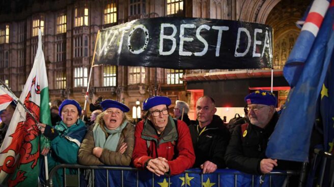 Manifestantes a favor y en contra del Brexit en Westminster.