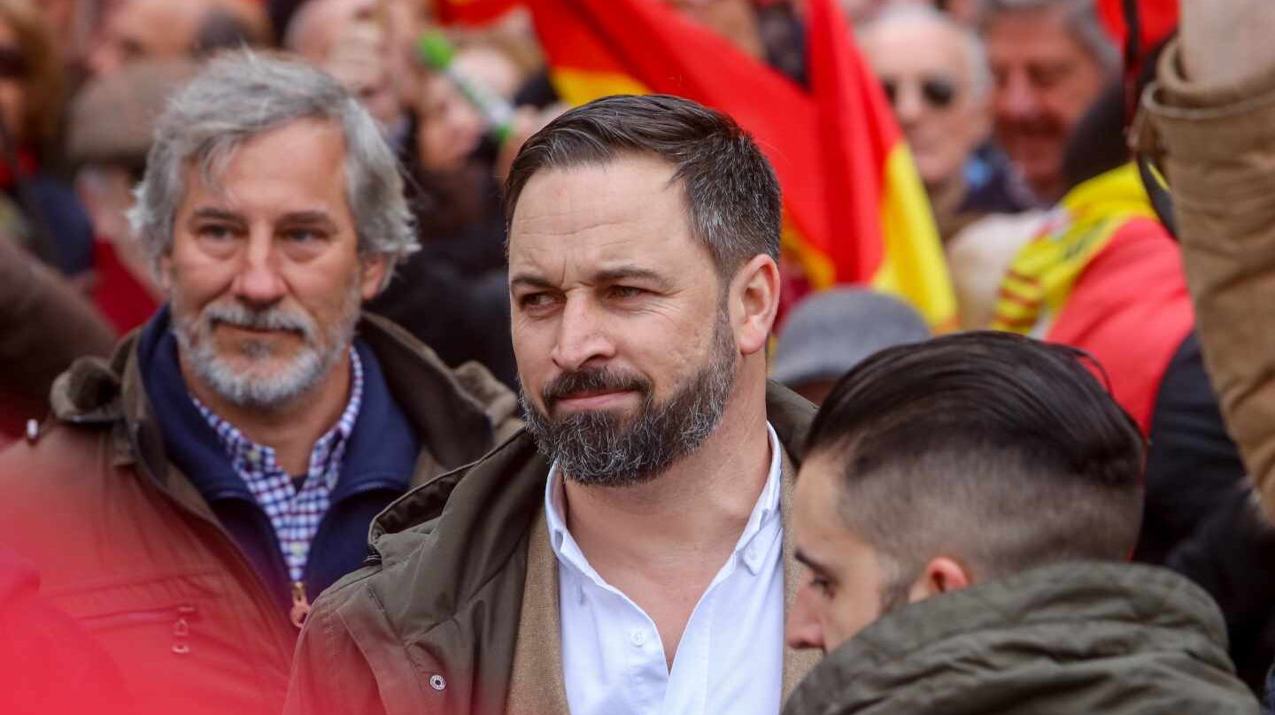 Santiago Abascal, líder de Vox, durante la manifestación de la plaza de Colón.