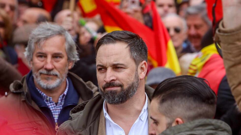 Santiago Abascal, líder de Vox, durante la manifestación de la plaza de Colón.