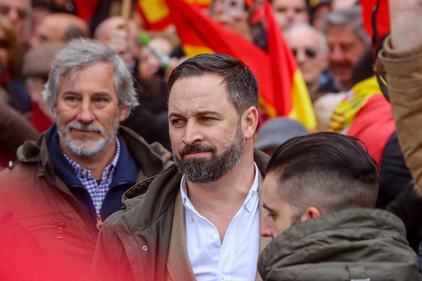 Santiago Abascal, líder de Vox, durante la manifestación de la plaza de Colón.