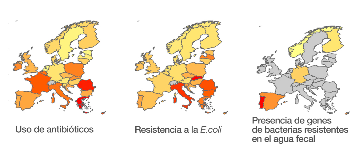En rojo y naranja, los usos altos de antibióticos y bacterias resistentes en aguas de países europeos