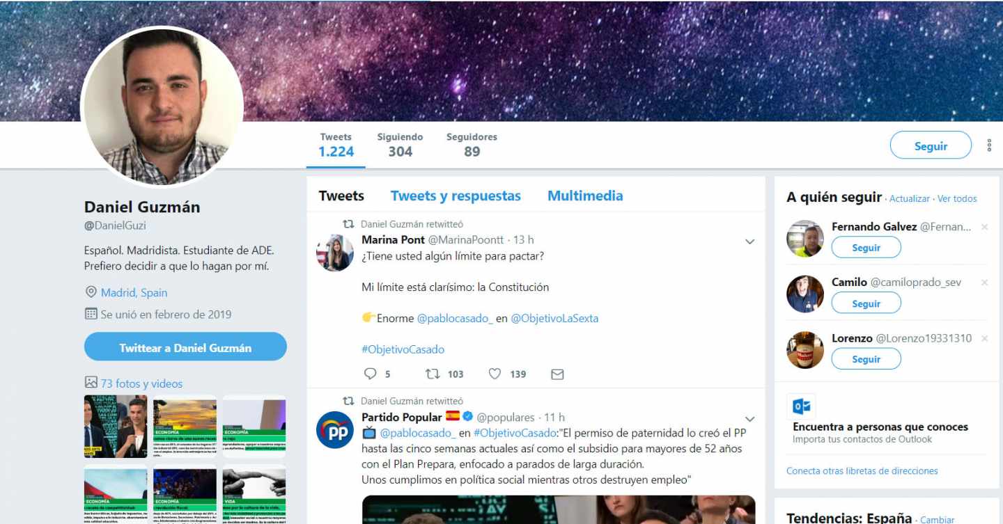 Cuenta falsa de Daniel Guzmán, seguidor del PP.