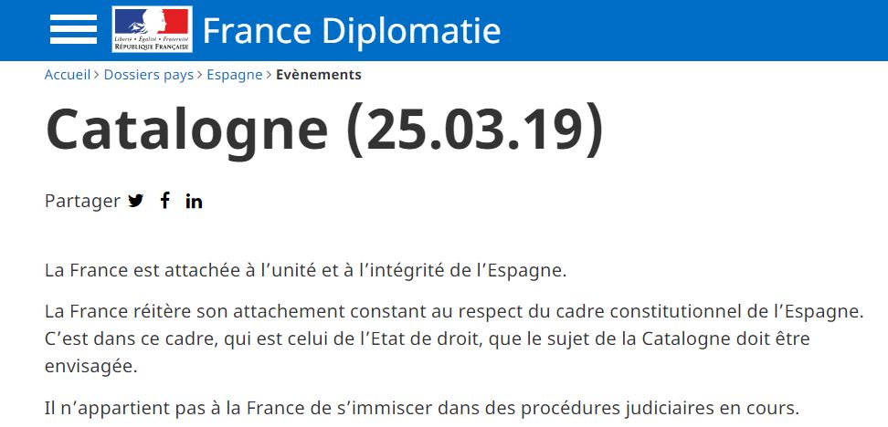 Francia reitera su "pleno apoyo" a la integridad de España tras la polémica del Senado