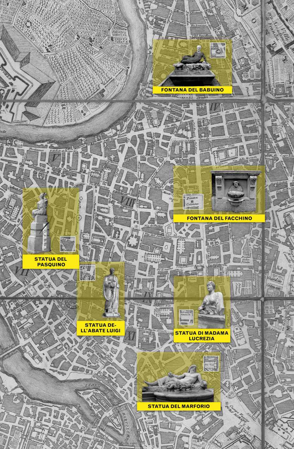 Mapa de las estatuas parlantes en Roma