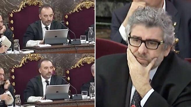 El presidente del tribunal pierde la paciencia con un abogado defensor: "No debata conmigo" El magistrado Manuel Marchena y el abogado Jordi Pina, este miércoles en el juicio del procés.