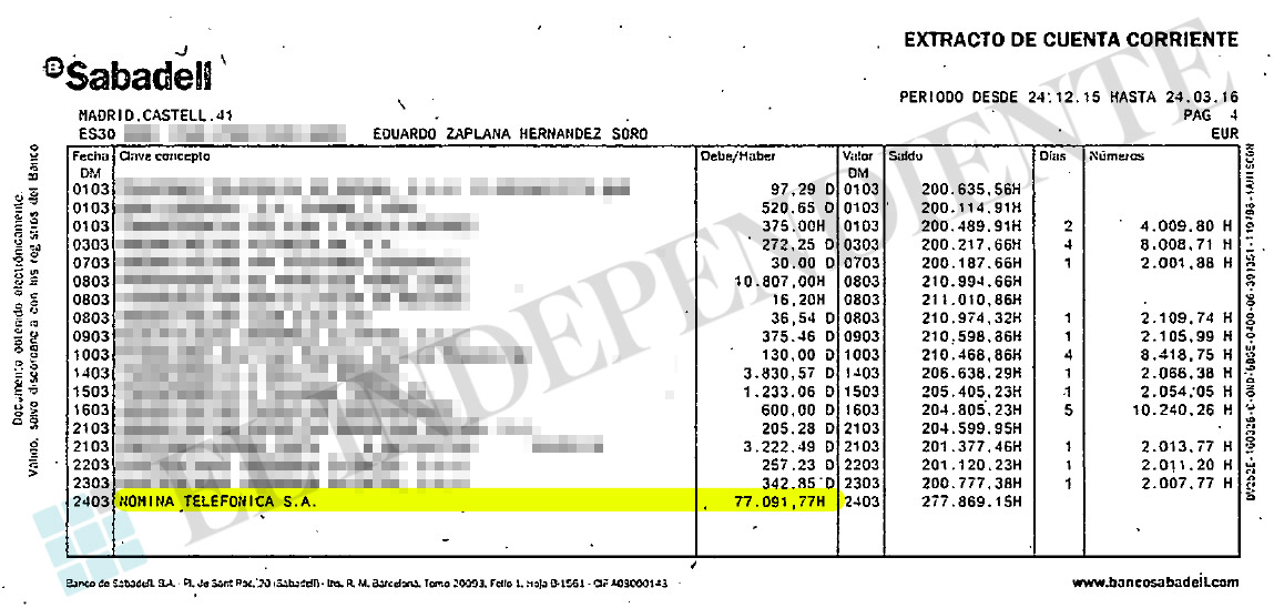 Extracto de movimiento en el que se detalla un pago de Telefónica al ministro de más de 77.000 euros.