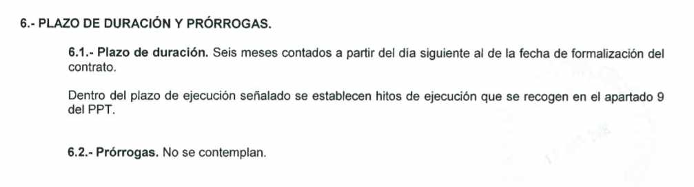 Extracto del pliego de condiciones en el que se detalla que "no se contemplan" prórrogas.