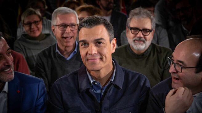 Pedro Sánchez, junto a Miquel Iceta y Jaume Collboni.