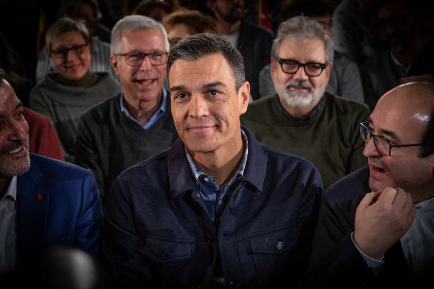 Pedro Sánchez, junto a Miquel Iceta y Jaume Collboni.