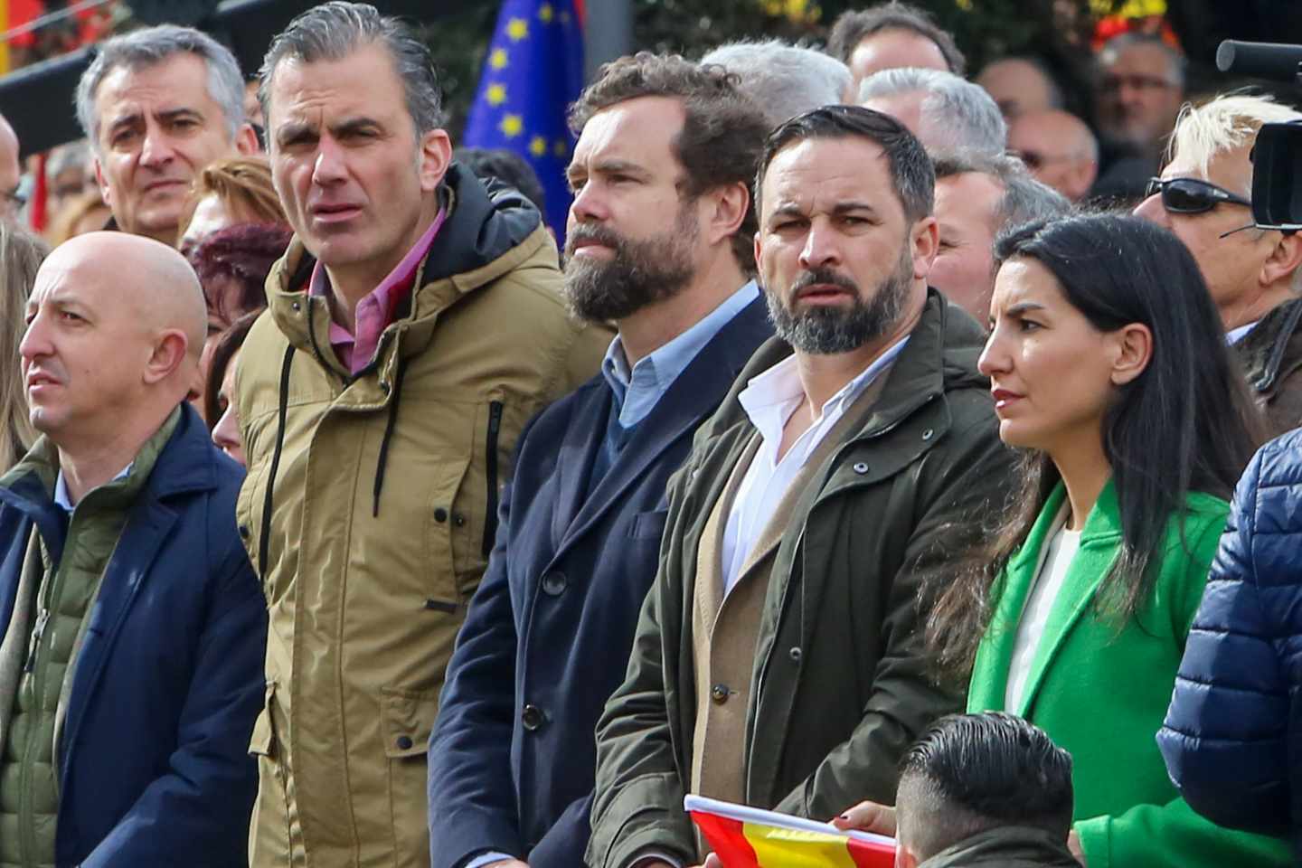 Santiago Abascal y el resto de líderes de Vox, en la plaza de Colón.