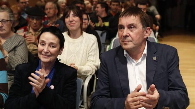 La abogada Jone goirizelaia y Arnaldo Otegi durante el acto celebrado en Bilbao.