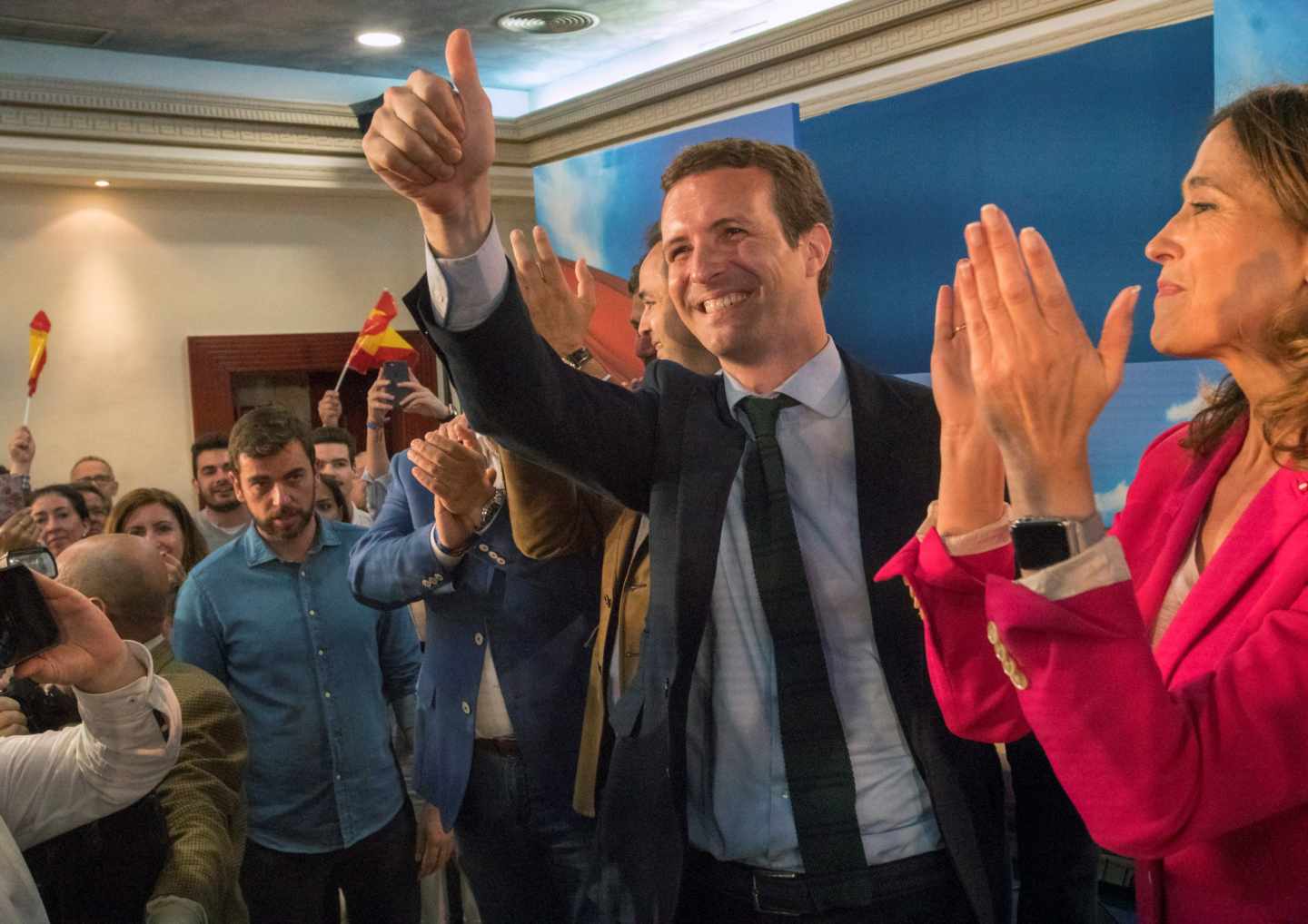 El presidente del PP, Pablo Casado, participa en un acto de campaña acompañado de la candidata número uno del PP de Ciudad Real al Congreso, Rosa Romero