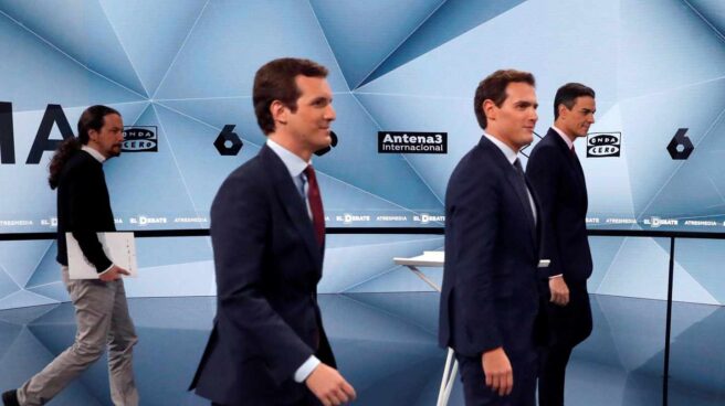 Los candidatos a la presidencia del Gobierno, Pablo Iglesias (UP); Pablo Casado (PP); Albert Rivera (Cs); y Pedro Sánchez (PSOE) Los candidatos a la presidencia del Gobierno, Pablo Iglesias (UP); Pablo Casado (PP); Albert Rivera (Cs); y Pedro Sánchez (PSOE)