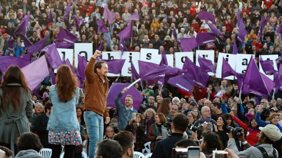 El líder de Unidas Podemos, Pablo Iglesias, en el acto de cierre de campaña.