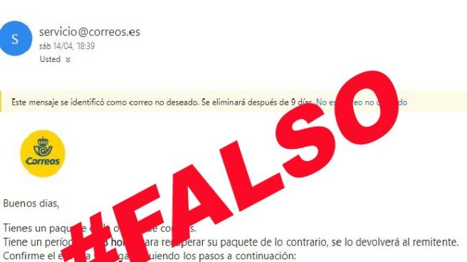 Captura del mensaje de correo electrónico que finge representar a Correos.