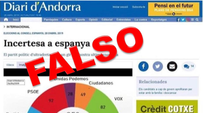 Imagen de la noticia falsa que ha circulado en las redes en vísperas de las elecciones del 28-A.