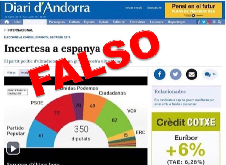 Imagen de la noticia falsa que ha circulado en las redes en vísperas de las elecciones del 28-A.