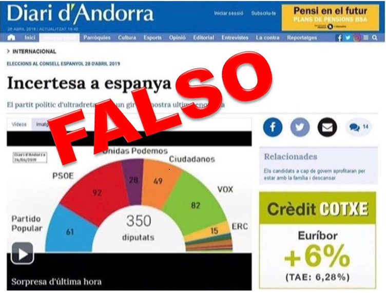 Imagen de la noticia falsa que ha circulado en las redes en vísperas de las elecciones del 28-A.