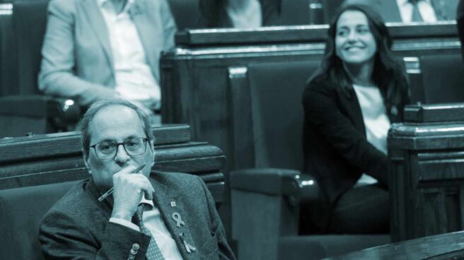 El presidente de la Generalitat de Cataluña, Quim Torra, durante el pleno del Parlament convocado hoy en el que se debatió una moción impulsada por el PSC en la que insta al Govern que él preside a someterse a una cuestión de confianza o dar ya por terminada la legislatura y convocar nuevas elecciones.