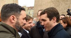 Fotografía de archivo. Pablo Casado y Santiago Abascal conversan en los actos del 10 de febrero de 2019 en la Plaza de Colón.