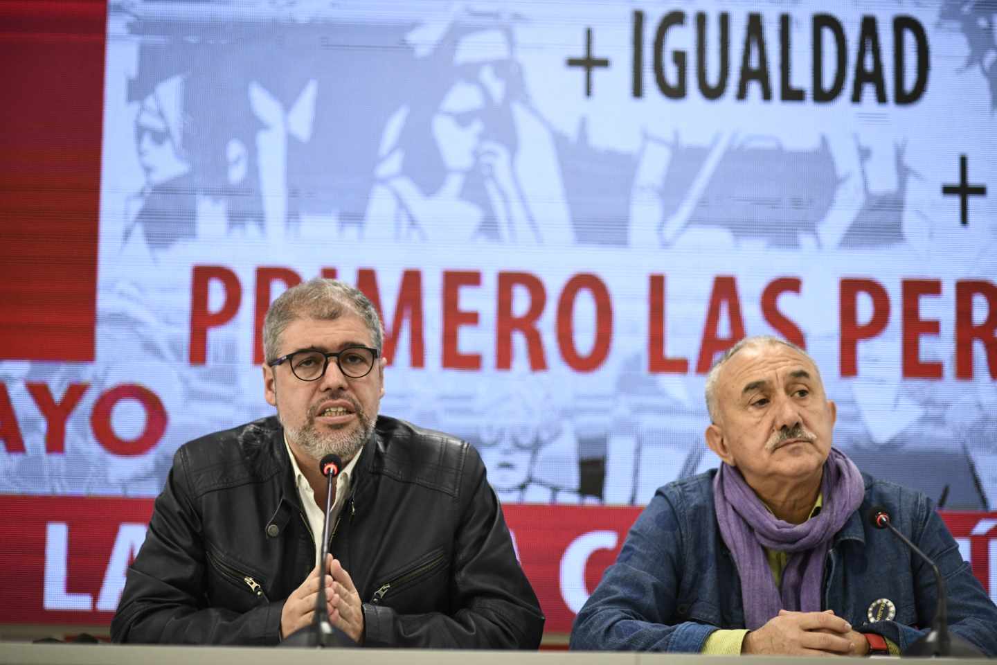 Los secretarios generales de CCOO y UGT, Unai Sordo y Pepe Álvarez, en la presentación de las manifestaciones del próximo Primero de Mayo.