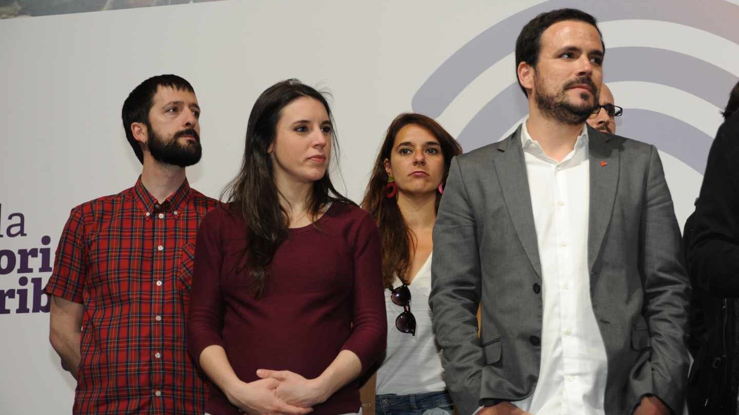 Juanma del Olmo (izquierda) junto a la dirección de Unidas Podemos el 28-A tras los resultados.