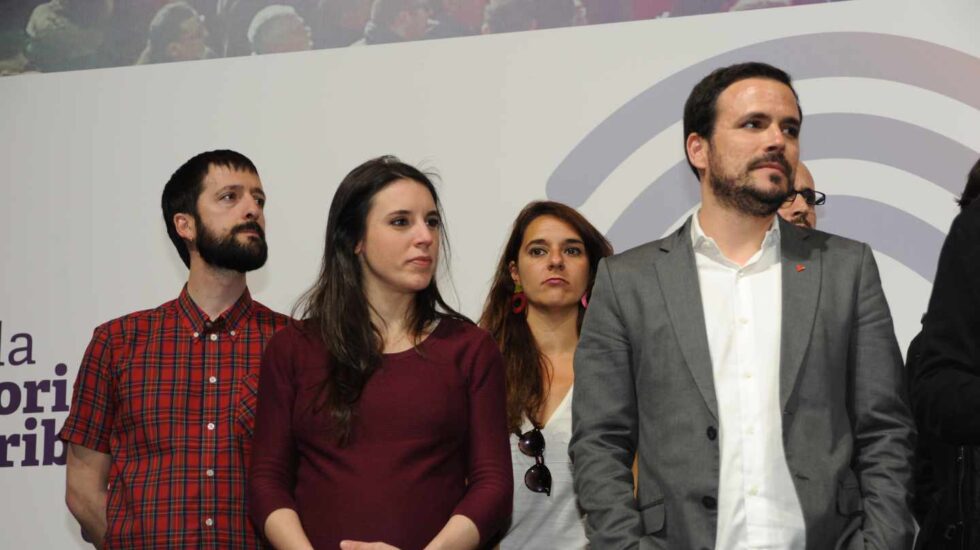 Juanma del Olmo (izquierda) junto a la dirección de Unidas Podemos el 28-A tras los resultados.
