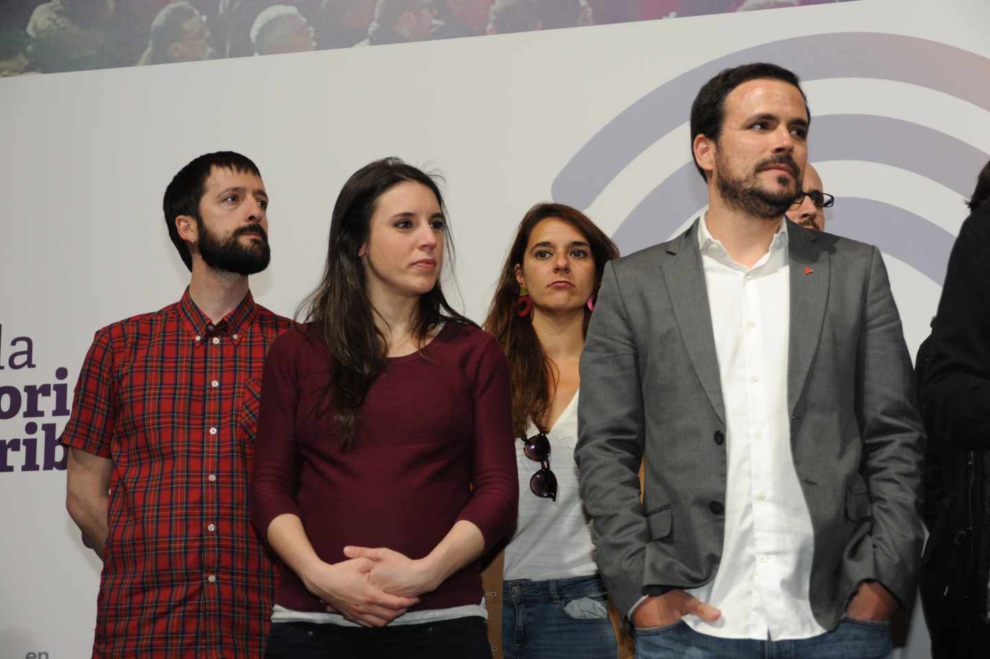 Juanma del Olmo (izquierda) junto a la dirección de Unidas Podemos el 28-A tras los resultados.