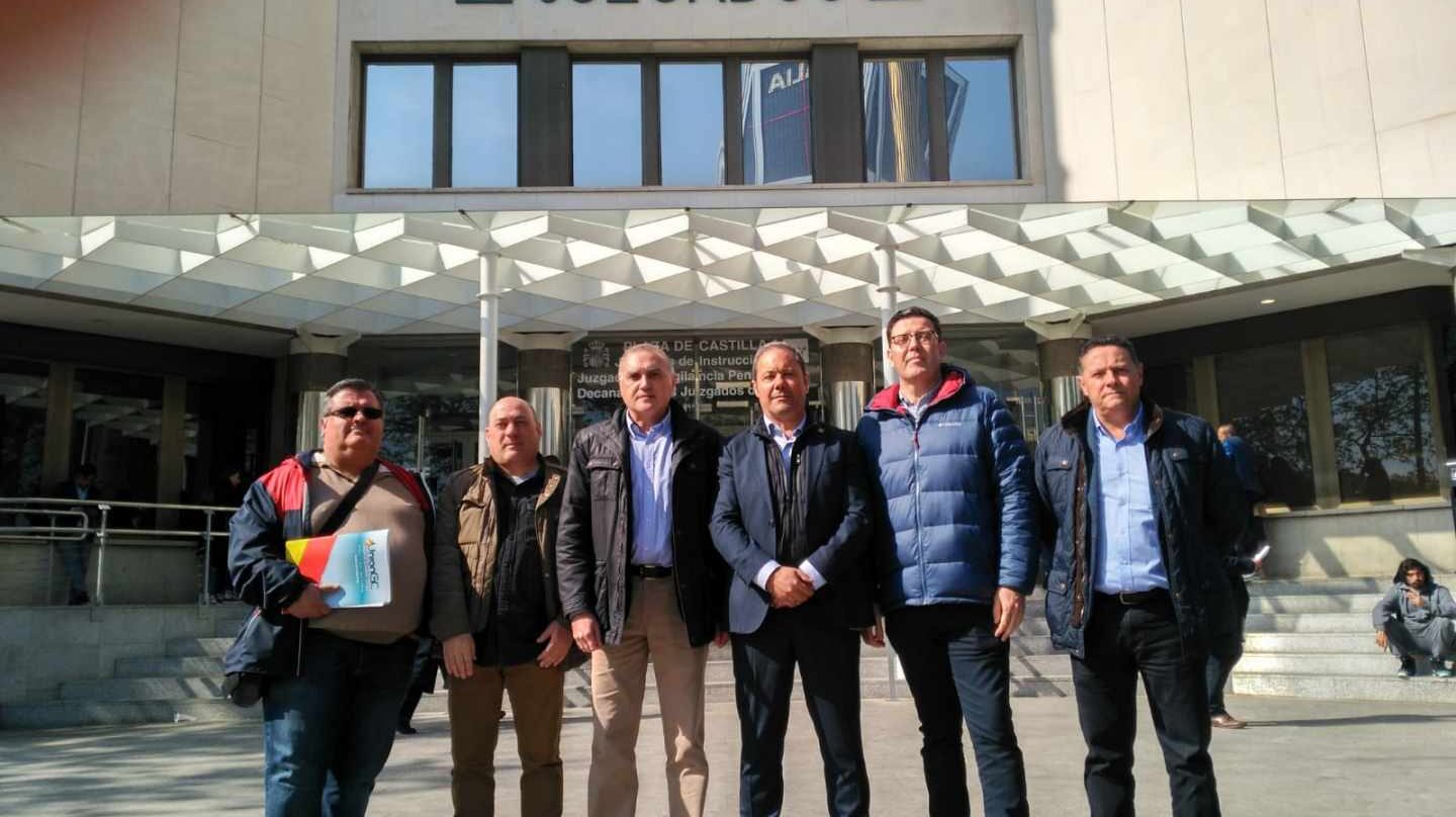 Guillermo Freire (Unión GC), Luis Miguel Martín (AEGC), Alberto Moya (AUGC), José Francisco Silva (ASESGC), José Manuel Rodríguez Tovar (AP Cabos) y Ángel Ramírez (ASESGC), este miércoles a las puertas del juzgado.