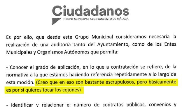 Pantallazo del documento registrado por Ciudadanos en el Ayuntamiento de Málaga.