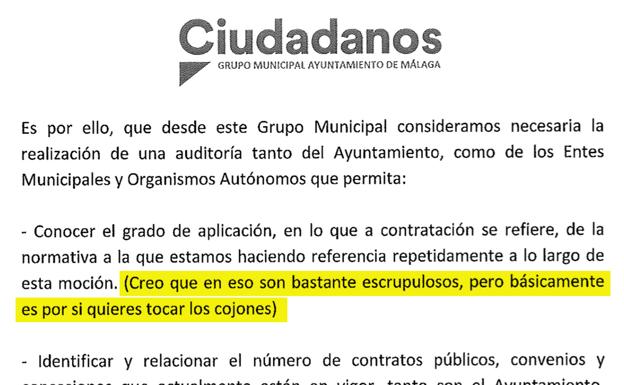 Pantallazo del documento registrado por Ciudadanos en el Ayuntamiento de Málaga.