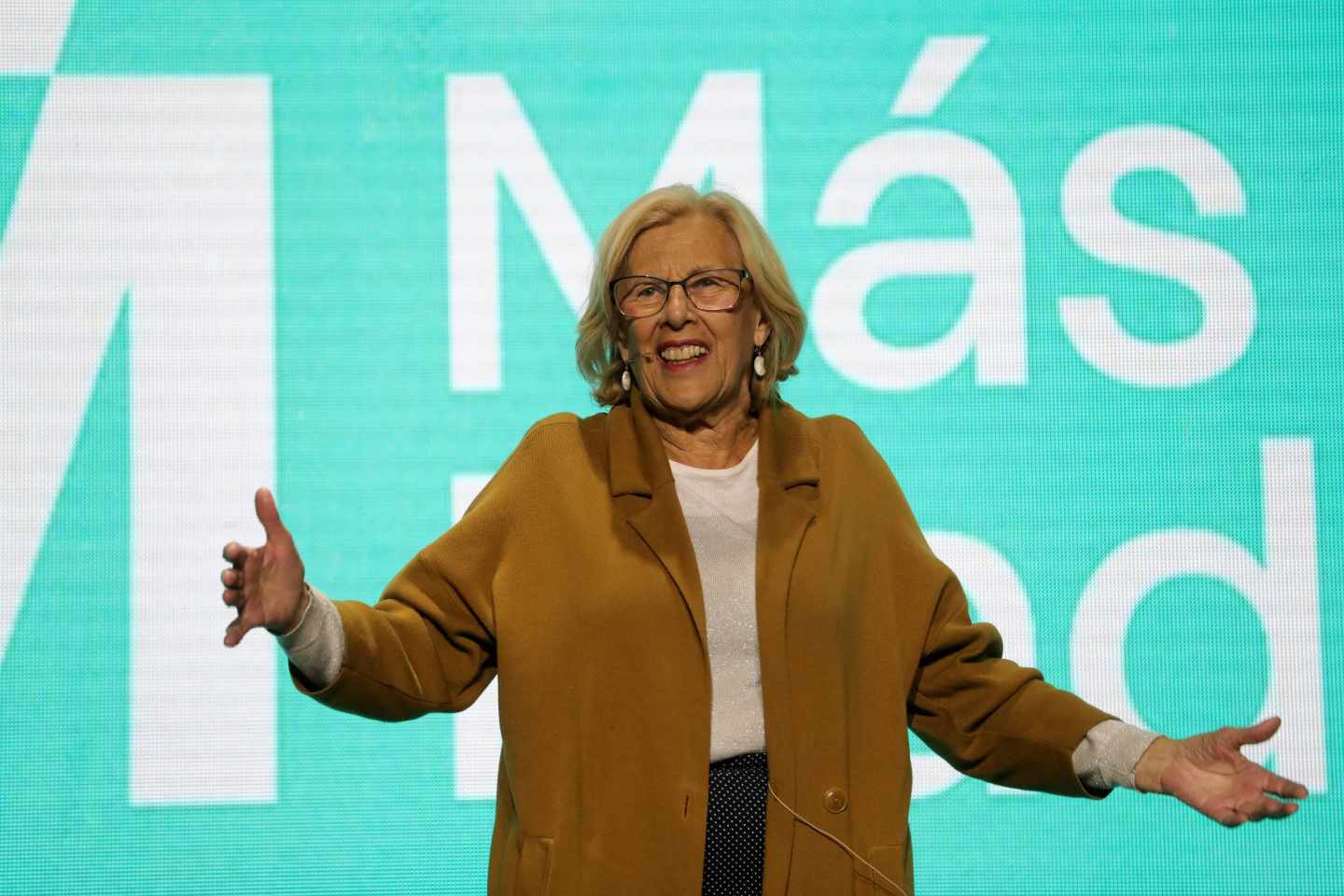 Manuela Carmena, en un acto electoral de Más Madrid.