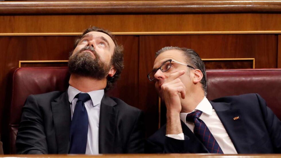 Iván Espinosa de los Monteros (izquierda) junto a Javier Ortega Smith, observando por primera vez la cúpula del Congreso de los Diputados.